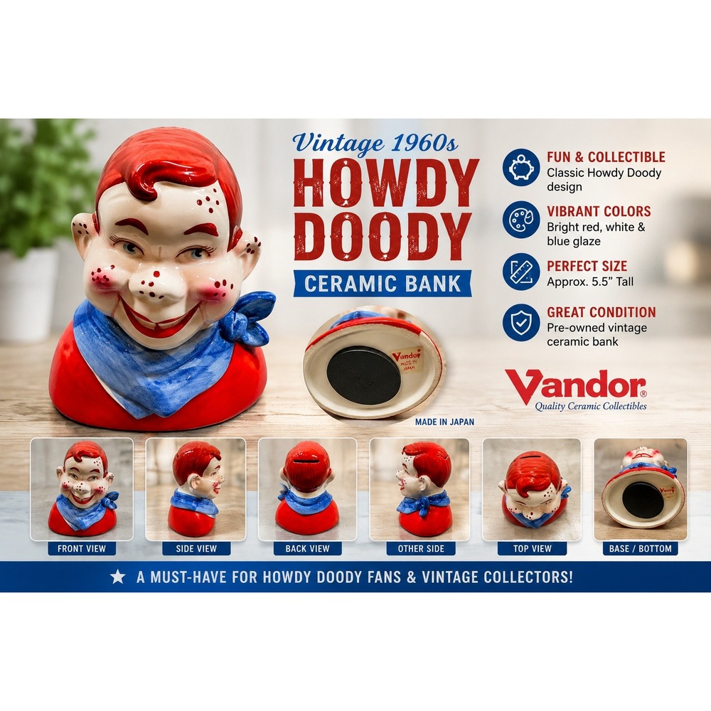 Vintage Vandor Ceramic Freckle Face Boy‎ Coin Bank Red Hair Blue Bandana Japan